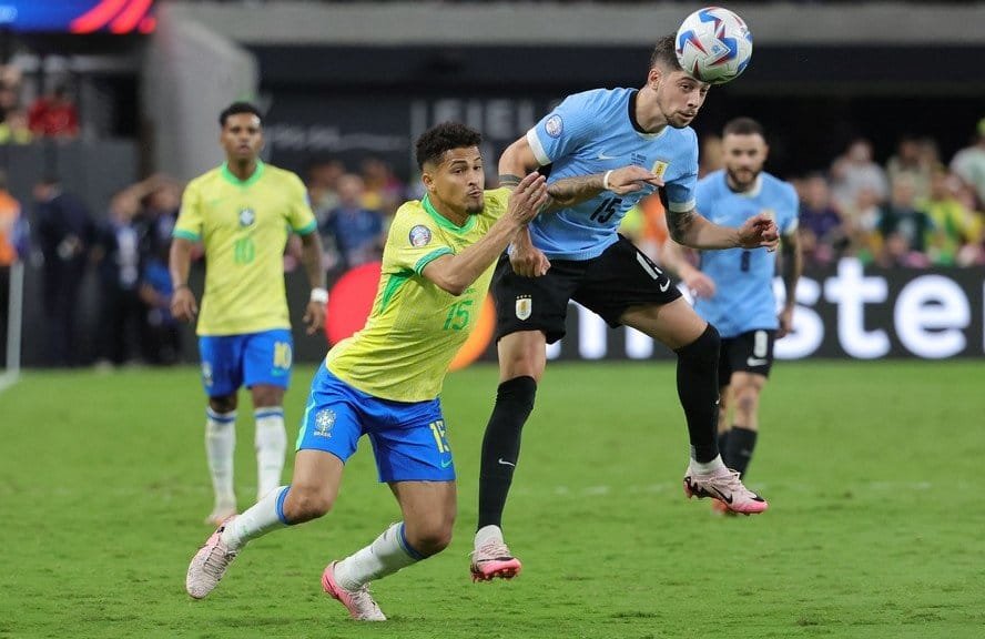 107607297 las vegas nevada july 06 federico valverde of uruguay heads the ball against joao go